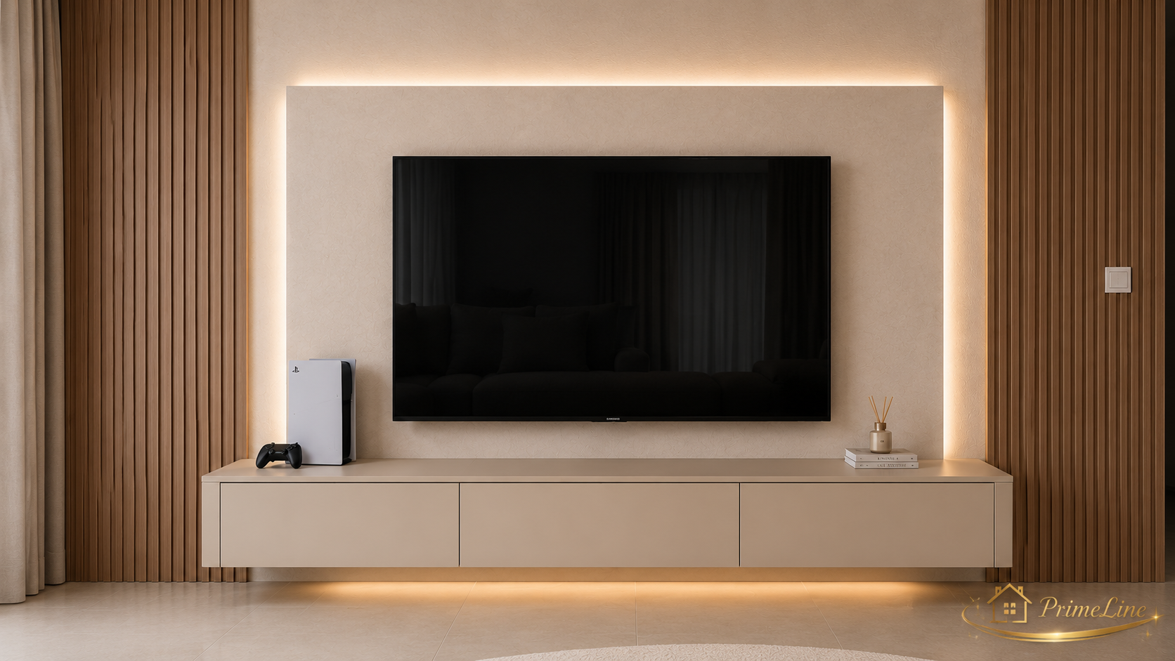PrimeLine Monaco – Luxe Cinewall op Maat met Houten Wandpanelen & LED Verlichting
