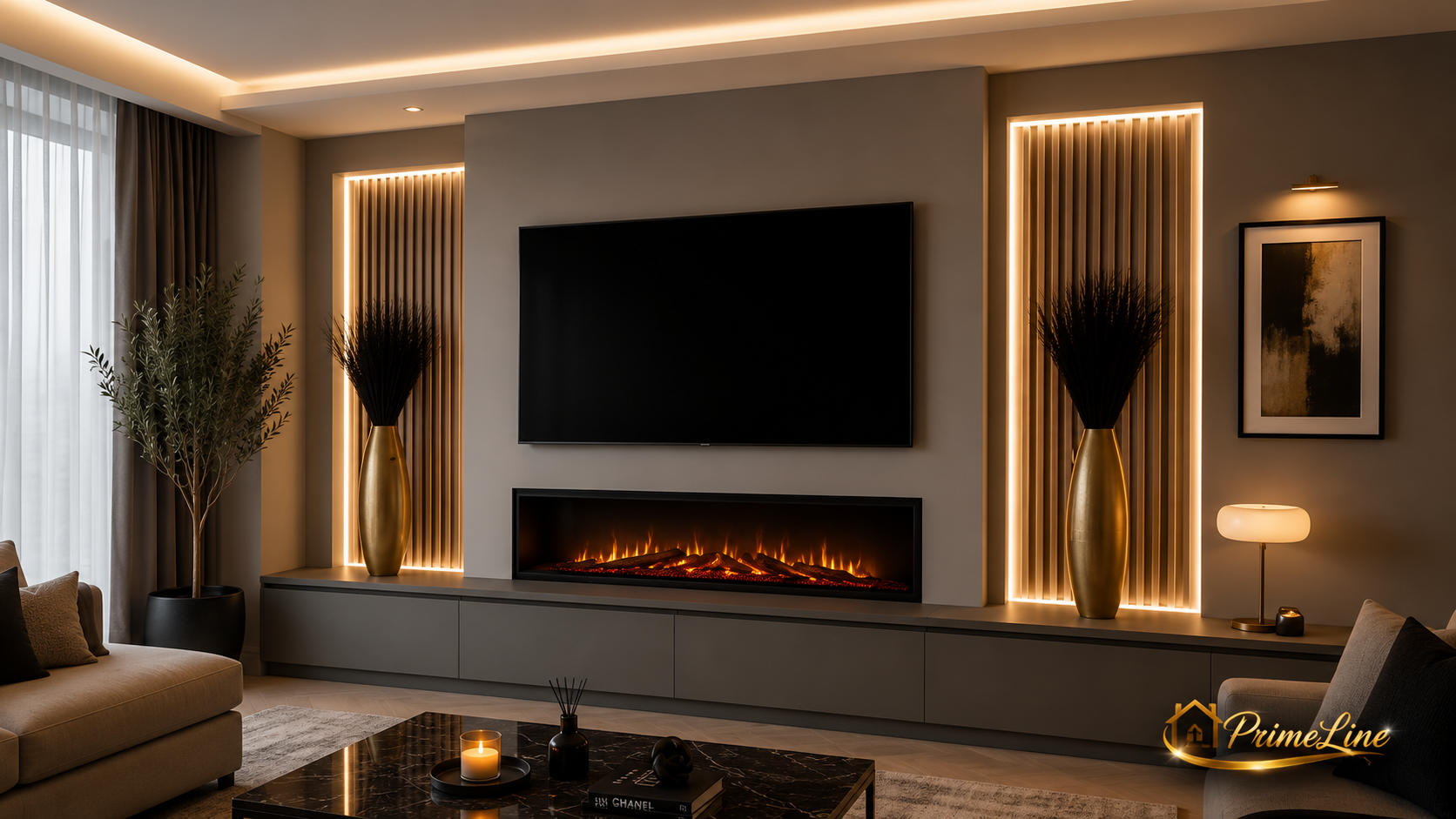 Cinewall Prestige Glow | Luxe Design Cinewall met LED, Sfeerhaard & TV Wand op Maat