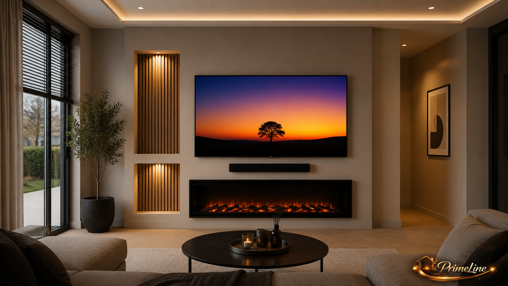 Cinewall Sandstone Balance | Moderne Designwand met LED-haard & Verlichte Latpanelen