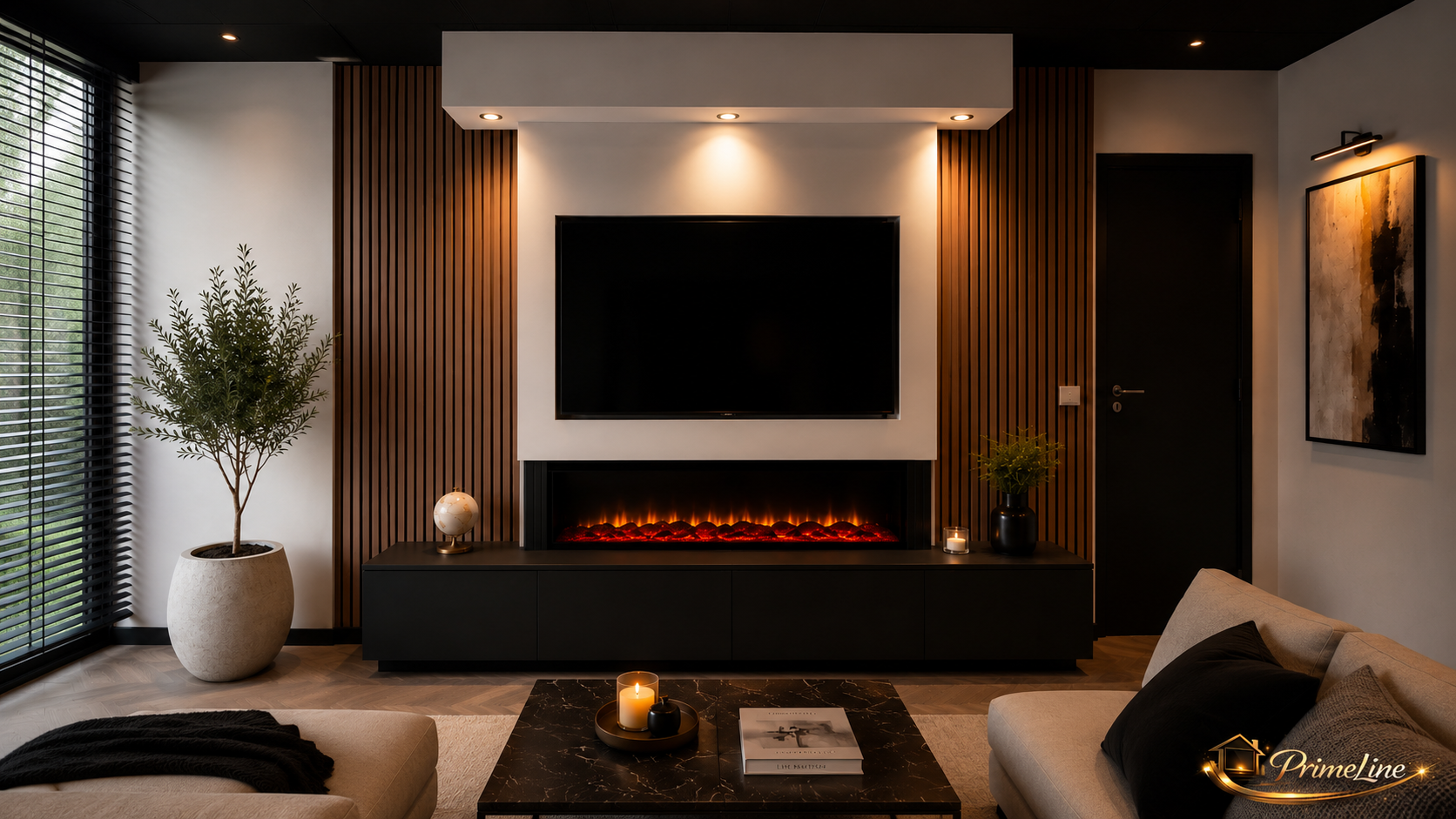 Luxe Zwarte Cinewall met Elektrische Haard & Houten Latten | Op Maat Gemaakt