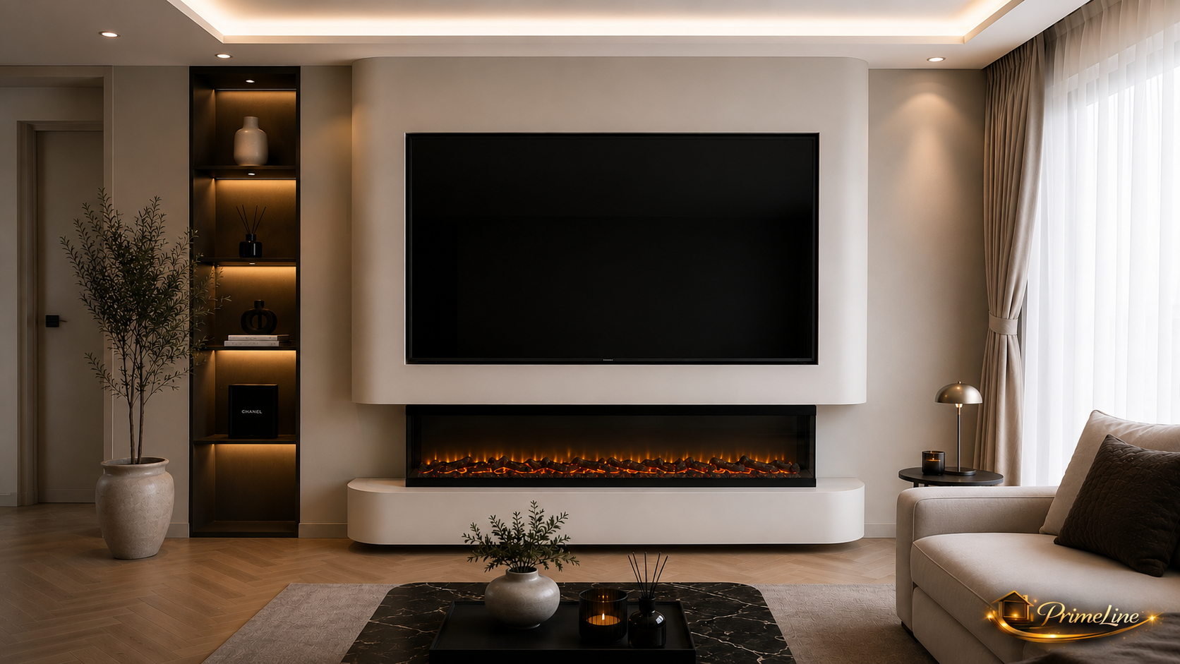 Cinewall Curve Elite – Luxe Gebogen Cinewall met 183 cm Driezijdige Sfeerhaard