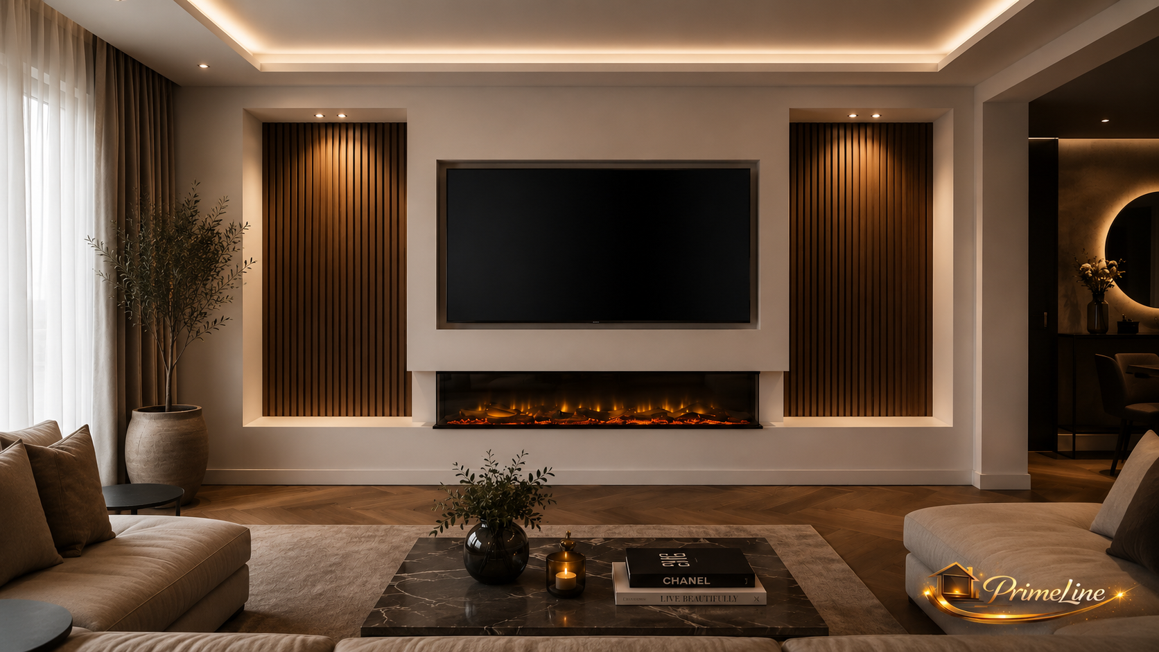 Cinewall Horizon Luxe – Luxe Cinewall op maat met LED-haard en houten wandpanelen