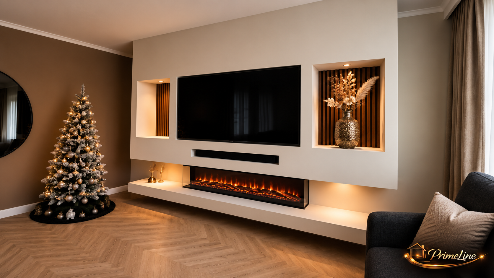 Cinewall Prestige Harmony | Luxe Designwand met Elektrische Haard & Verlichte Nissen