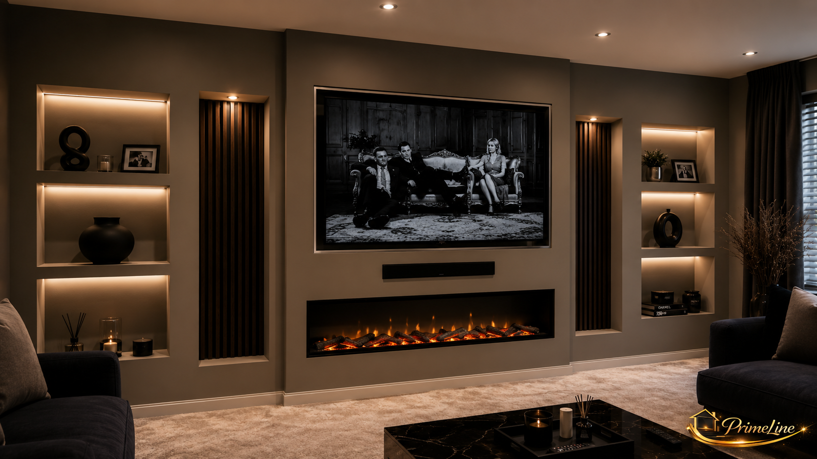 PrimeLine Prestige Cinewall | Luxe TV Wand met LED-Haard op Maat