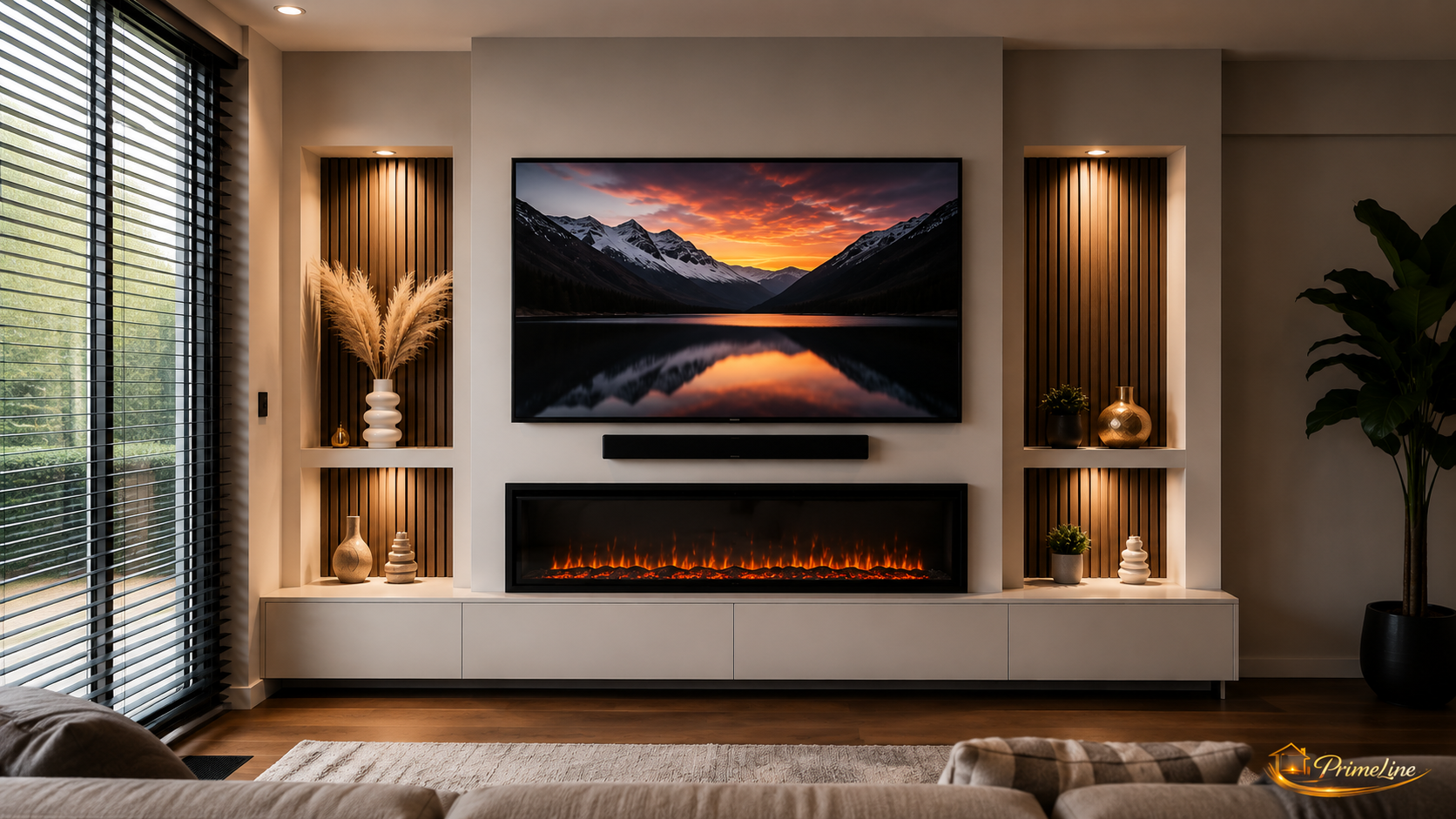 Moderne Luxe Cinewall met Sfeerhaard, Houten Wandpanelen & LED Verlichting | PrimeLine